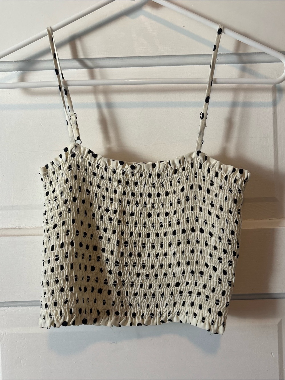 audrey Cream Smocked Spaghetti Strap Camisole with Black Dot Print